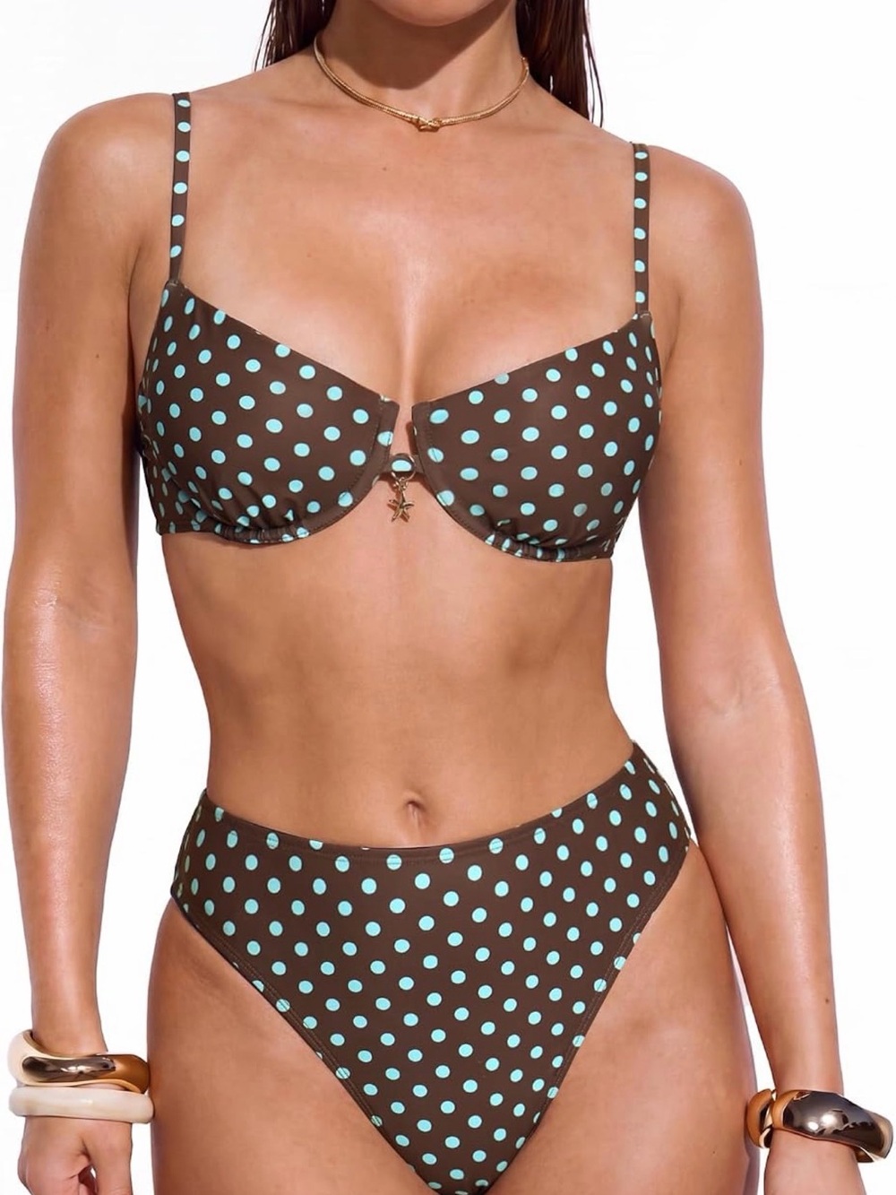 Brown Polka Dot Underwire Bikini Top and High Waist Bottoms - Aqua Dots